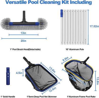 Poolvio 5-in-1 Pool Cleaning Kit - Semi-Deep Skimmer Net, Aluminum Leaf Rake & 20' Brush with 13ft Pole