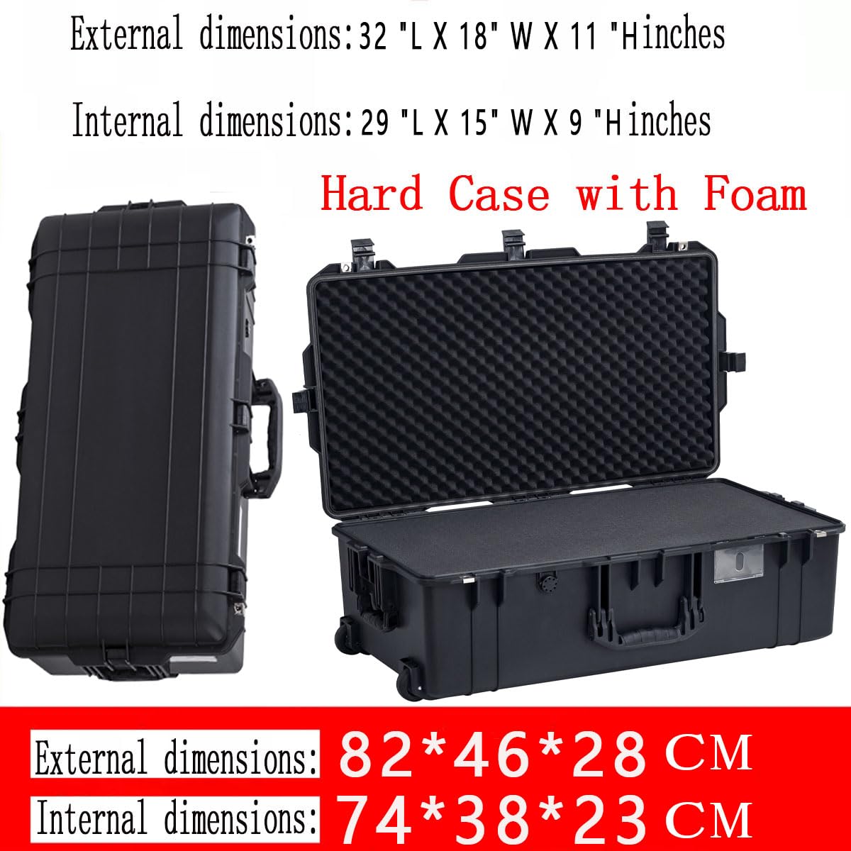PISKGODSF 32" L x 18" W x 11" H Large Hard Case with Foam, Portable Rolling Hard Case with Wheels, Waterproof Shockproof Dustproof, Suitable for Cameras, Lenses, Camcorder, Instrument, Telescopes