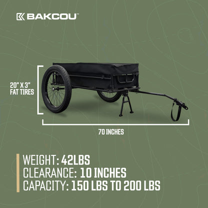 Bakcou - Folding Cargo eBike Trailer with 20" x 3" Fat Tires, Canvas Liner, Hitch, Axle Extenders & Kickstand - 150-200 lbs Capacity