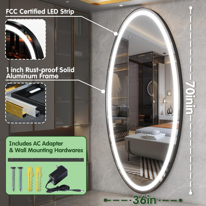 FENNIO 70" x 36" Large Wall Mounted Mirror with LED Lights, Oval Full Length LED Lighted Full Body Dressing Mirror for Bedroom, Salon, Brushed Aluminum Frame, Tempered Glass