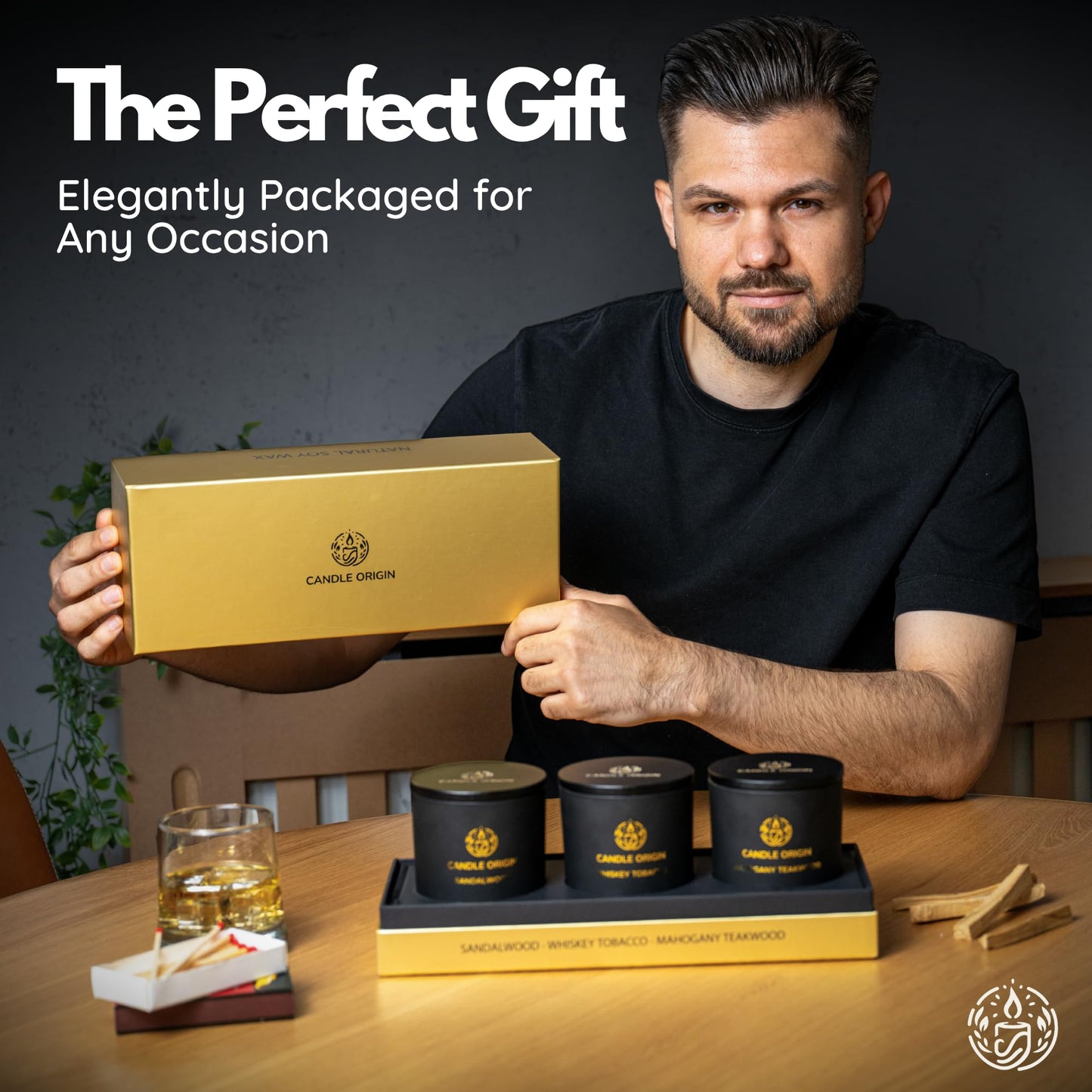 Luxury Candles for Men Gift Set (3×10oz) – Strong Masculine Scents (Mahogany Teakwood, Whiskey Tobacco, Sandalwood) – Long Lasting Soy Candles for Home, Man Cave Decor, Gifts for Him