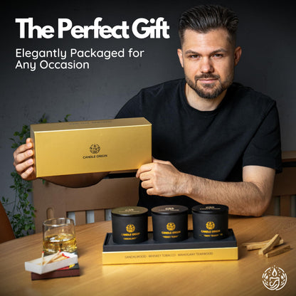 Luxury Candles for Men Gift Set (3×10oz) – Strong Masculine Scents (Mahogany Teakwood, Whiskey Tobacco, Sandalwood) – Long Lasting Soy Candles for Home, Man Cave Decor, Gifts for Him
