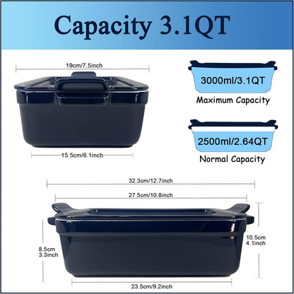 Skiennix Baking Pan - Deep Ceramic Lasagna Dish with Lid for Oven | Navy Blue, 3.1 Quarts