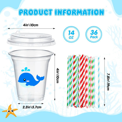 Boao 36 Sets Under the Sea Ocean Party Cups with Lids and Paper Straws 14 oz Summer Sea Birthday Party Supplies Beach Pool Disposable Clear Plastic Cups Bulk