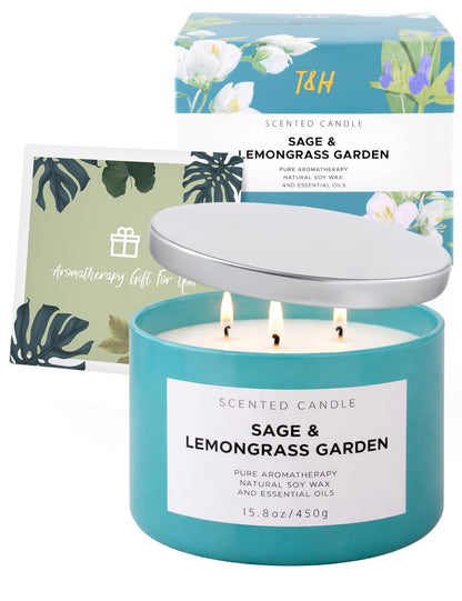 Sage Lemongrass Garden Scented Candle | 3 Wick Large Soy Candles for Home 15.8oz | Fresh Clean Herbal Citrus Candle | Long Lasting Clean Burn | Aromatherapy Stress Relief Gift for Women & Men