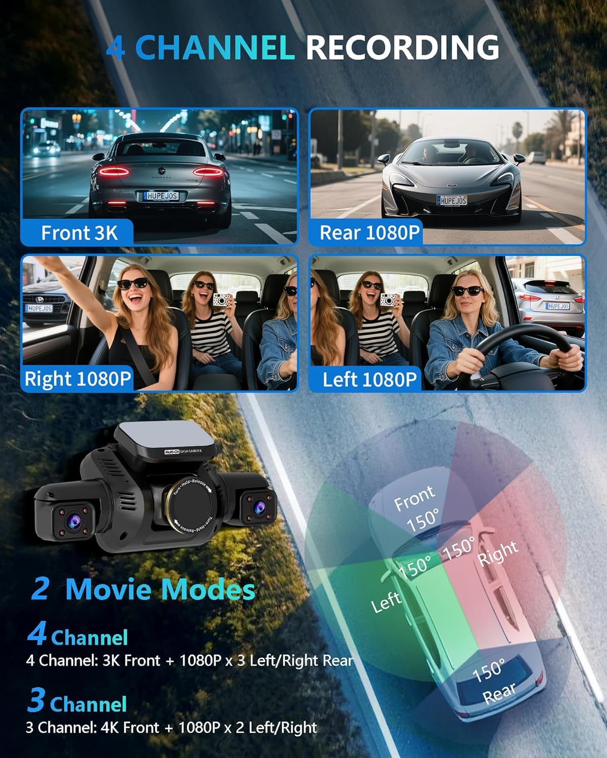 HUPEJOS AI Dash Cam Front Rear Inside with Driver Monitor System, 360° Car Camera 4K, 4 Channel Camera for Cars, WiFi GPS, Dashcam 64GB SD Card, Night Vision, 24H Parking Mode, Upgrade DMS V8Plus