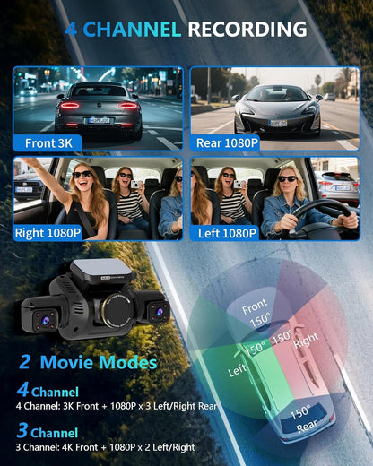 HUPEJOS AI Dash Cam Front Rear Inside with Driver Monitor System, 360° Car Camera 4K, 4 Channel Camera for Cars, WiFi GPS, Dashcam 64GB SD Card, Night Vision, 24H Parking Mode, Upgrade DMS V8Plus