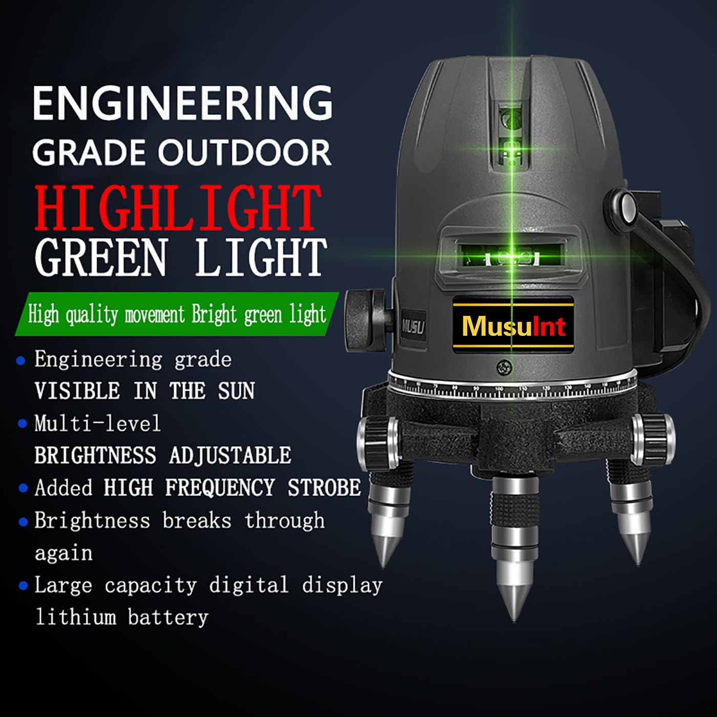 (Outdoor Superbright) 5 Lines Outdoor Green Laser Level 360 Self Leveling Precision Level Tool Super Brightness 5 Strong Light Spots Can Rotate 360 Degrees Digital Lithium Ion Battery High Capacity