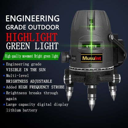 (Outdoor Superbright) 5 Lines Outdoor Green Laser Level 360 Self Leveling Precision Level Tool Super Brightness 5 Strong Light Spots Can Rotate 360 Degrees Digital Lithium Ion Battery High Capacity