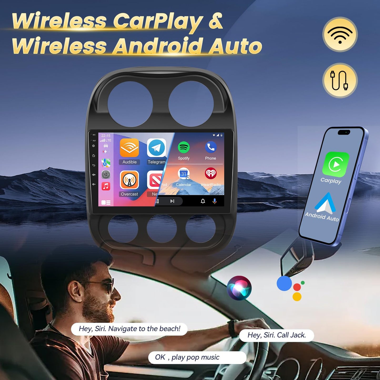 EKAT [2G+64G] 10 inch Screen for Jeep Compass Patriot Radio 2010-2016, Android Compass Car Stereo with Carplay/Android Auto/1080P/Bluetooth/WiFi +AHD Backup Camera