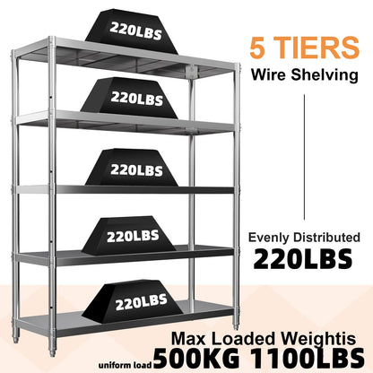 storage rack, 5 Tier Shelf Adjustable Stainless Steel Shelves, Sturdy Metal Shelves Heavy Duty Shelving Units and Storage for Kitchen Commercial Office Garage Storage, 47L X 16W X 59H 1100Lbs Total