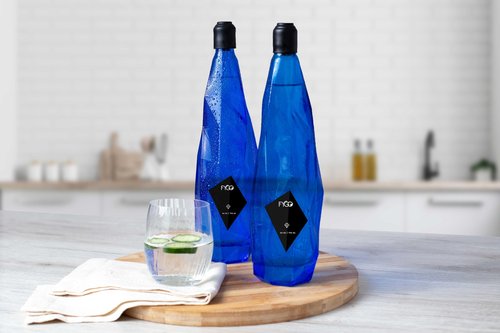 FYGO Set of 2 Diamond-Shaped Glass Bottles with Rubber Caps (Blue) – Includes 3 Blank Black Stickers, 3 Blank White Stickers, & 1 Funnel | Elegant, Leak-Proof, Reusable Bottles