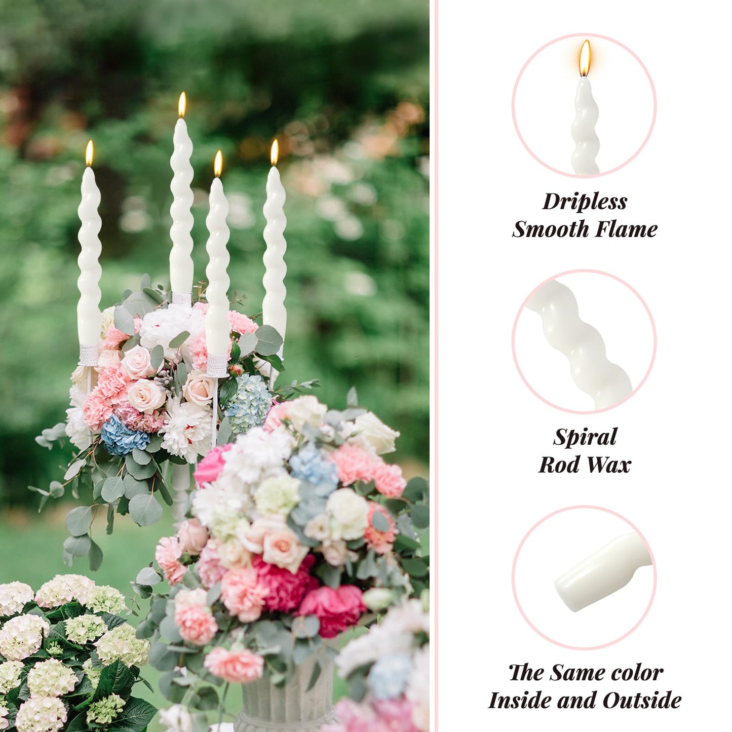 4 Pack 7 Inch White Spiral Taper Candles, Unscented Dripless Twisted Fat Candlesticks for Home Décor Party Wedding and Celebrations