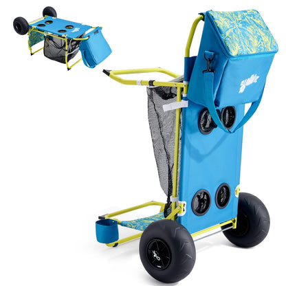2-in-1 Beach Cart with Big Balloon Wheels for Sand, Folding Utility Wagon with Chair Holder, Cooler Bag, Mesh Storage, 4 Cup Holders, Umbrella Rack, Supports 100 lbs, Ideal for Beach, Camping, Picnic