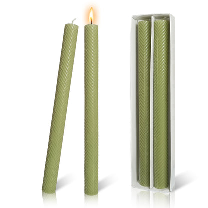 Ribbed Taper Candles Unscented Grass Green Candlesticks 10 Inch Handmade Long Candle Smokeless Texture Candle Sticks for Dinner Weddings Decoration Gifts Set of 2