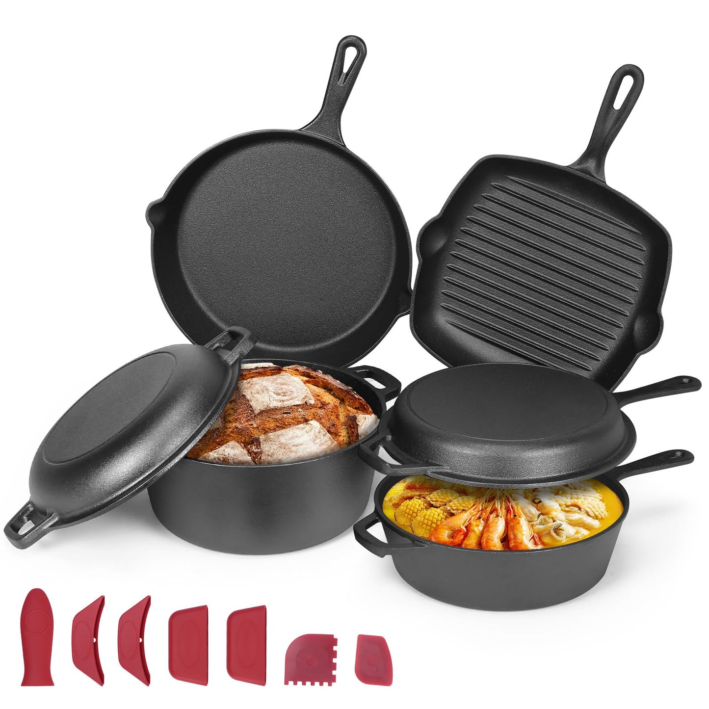 QuliMetal Seasoned Cast Iron Cookware Set, 5-Piece Bundle – 11" Grill Pan, 12" Skillet, 5QT Dutch Oven, 3.2QT Dutch Oven with 1.6QT Skillet Lid, Pre-Seasoned Cast Iron Pots and Pans for Home Cooking