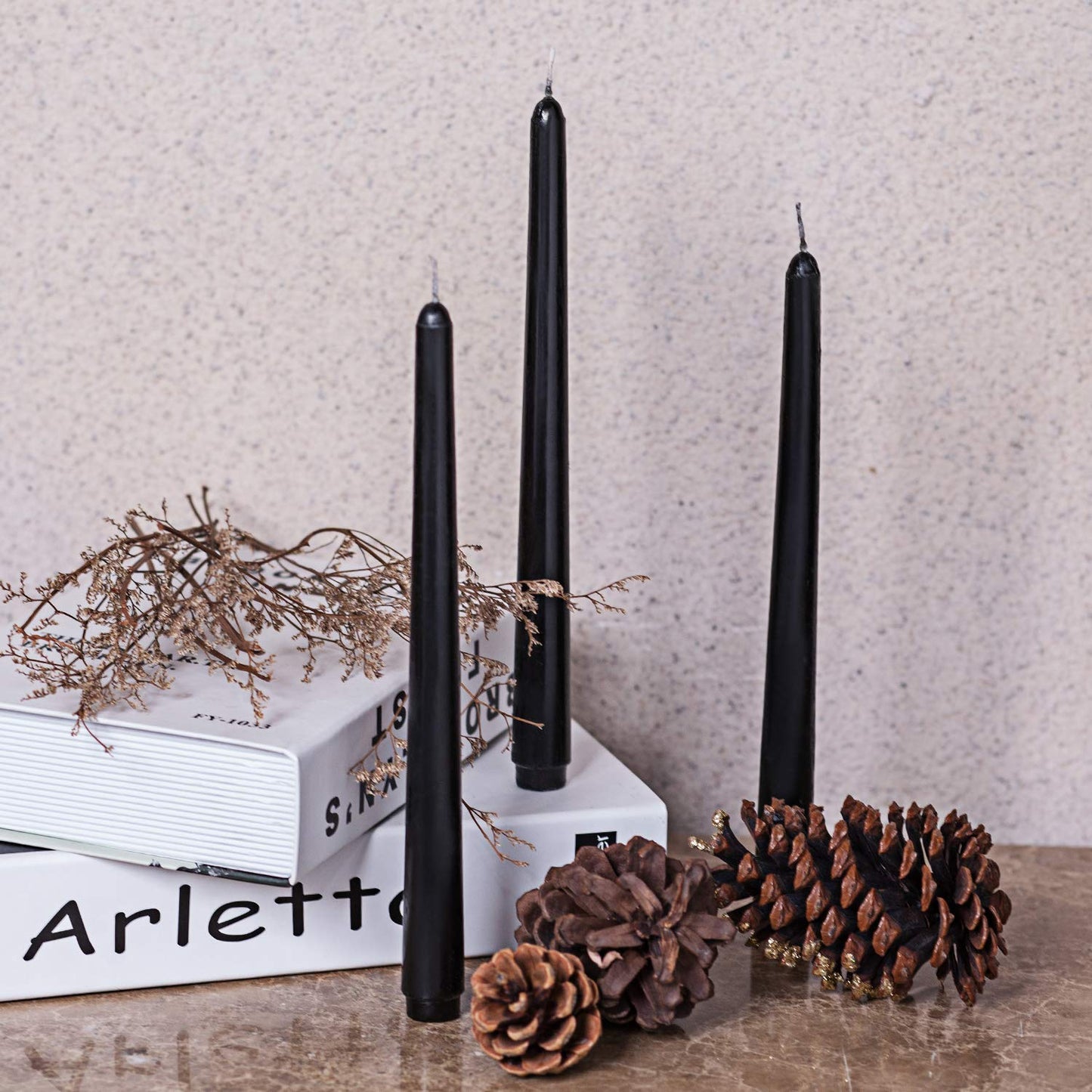 Set of 12 Black Taper Candles, 10 Inch Unscented Dripless Candlesticks - 8 Hours Long Burning for Home Decor, Halloween, Wedding, Parties and Special Occasions