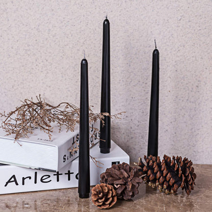 Set of 12 Black Taper Candles, 10 Inch Unscented Dripless Candlesticks - 8 Hours Long Burning for Home Decor, Halloween, Wedding, Parties and Special Occasions