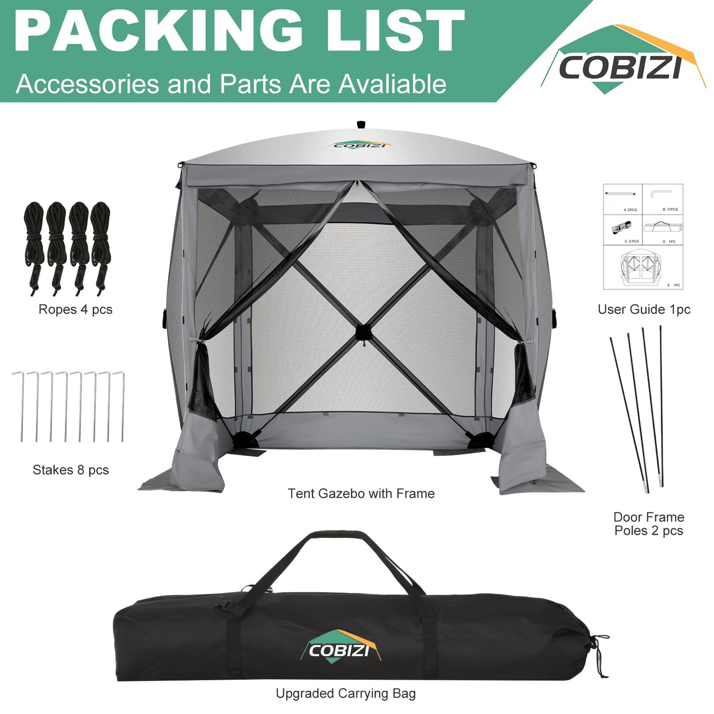 COBIZI 6x6 FT Pop up Gazebo, Popup Canopy Tent, Screened in Gazebos, Waterproof Portable Outdoor Small Screen Tents Sun Shelter,carpas para Patio for Camping, Garden and Backyard,Grey