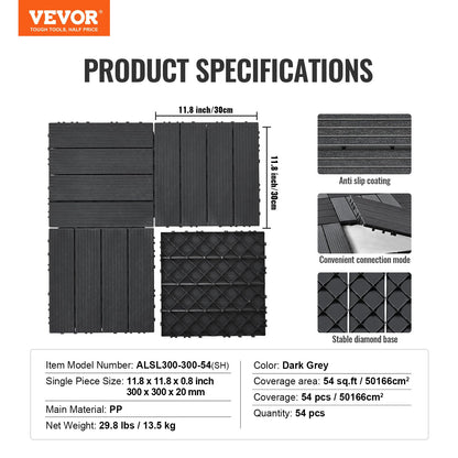 VEVOR 54 sq. ft Plastic Interlocking Deck Tiles, 54 Pack,12"x12" Waterproof Non-Slip Outdoor Flooring All Weather Use, Patio Floor Decking Tiles for Porch Poolside Balcony Backyard, Dark Grey