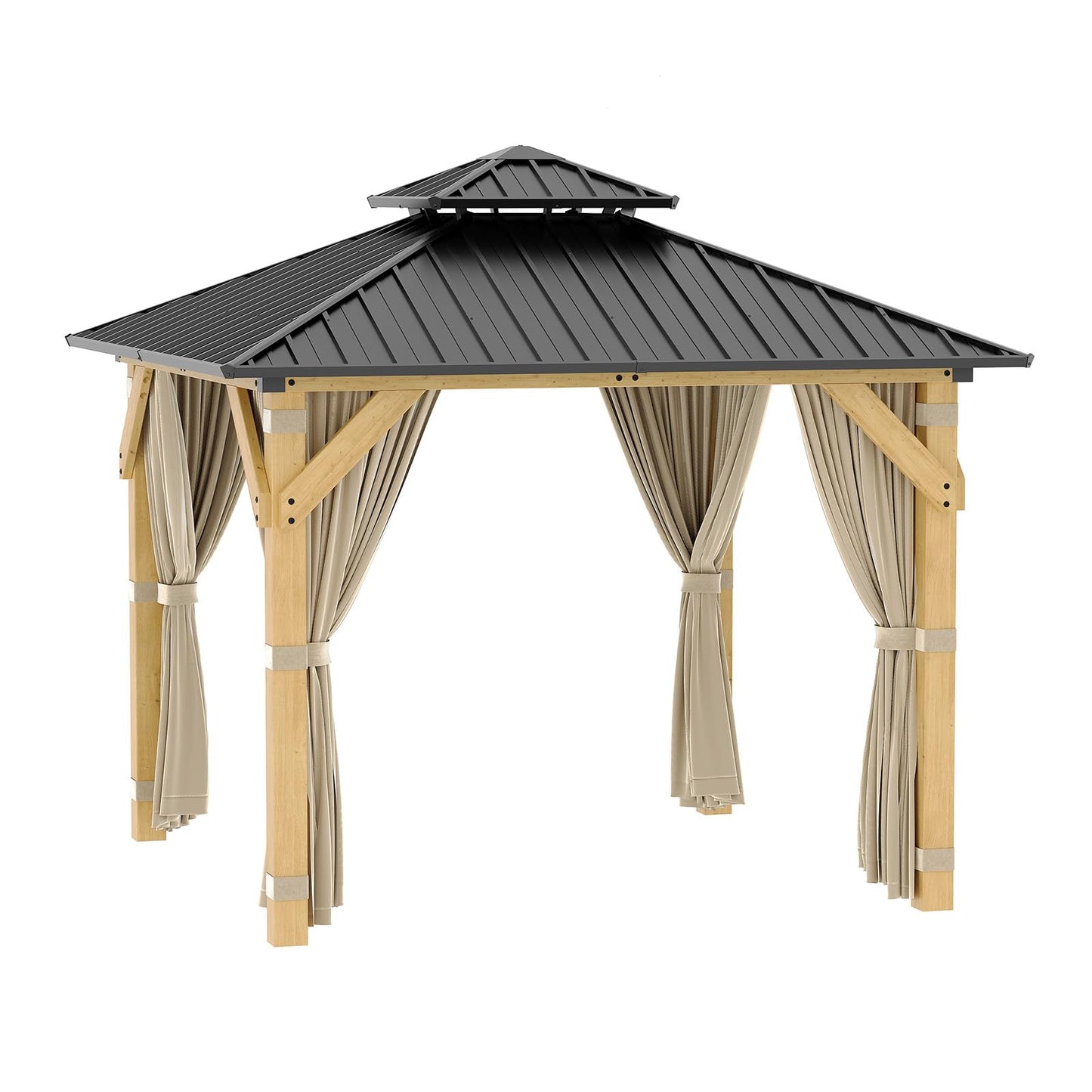 10 x 10 Ft Wood Gazebo, Hardtop Gazebo with Galvanized Steel Peak Roof, Outdoor Pavilion with Curtains and Netting, Patio Permanent Wooden Pavilion, Shade for Garden, Patio, Deck