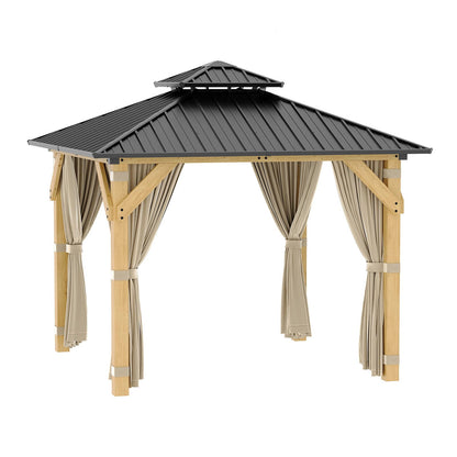 10 x 10 Ft Wood Gazebo, Hardtop Gazebo with Galvanized Steel Peak Roof, Outdoor Pavilion with Curtains and Netting, Patio Permanent Wooden Pavilion, Shade for Garden, Patio, Deck