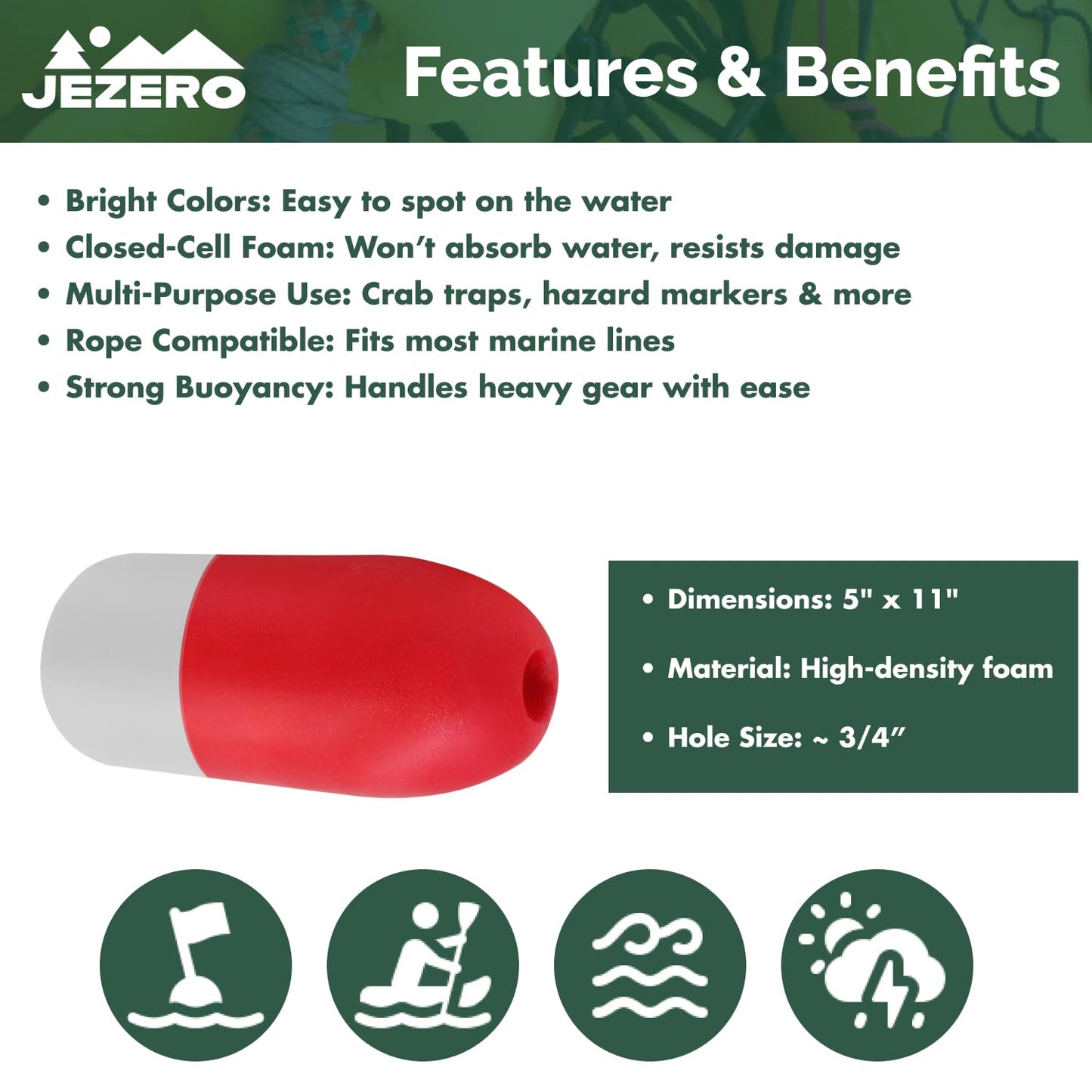 JEZERO Deep Water Fishing Floats: Great for Trail Markers, Dock Floats, Swim Buoy, Kayak Anchor Kit, Pool Buoy, Crabbing & Boats | 20 Pack - RED & White, 5" x 11" (Lfloat-RW-20PK)