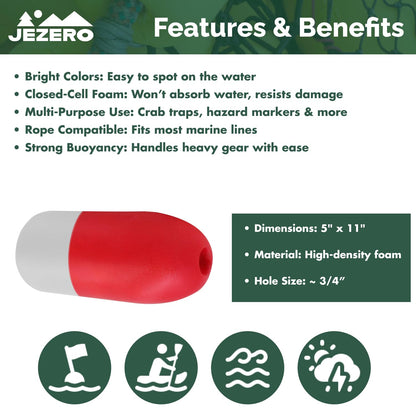 JEZERO Deep Water Fishing Floats: Great for Trail Markers, Dock Floats, Swim Buoy, Kayak Anchor Kit, Pool Buoy, Crabbing & Boats | 20 Pack - RED & White, 5" x 11" (Lfloat-RW-20PK)