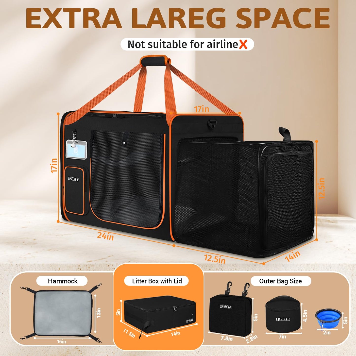 Petskd Side Expandable Extra Large Cat Carrier with Litter Box Area for Long Distance Car Travel,24"x17"x17" Collapsible Soft-Sided Large Pet Carrier with Zipper Locks for 2 Cats Under 55LBS(Black)