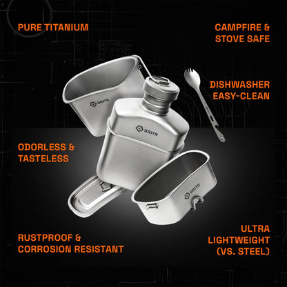 GRITR Titanium Canteen Mess Kit | Compact Portable Camping Open Fire Cookware Set for Backpacking, Hiking, Fishing | Ultralight Durable Outdoor Camp Cooking Utensils - Storage Bag Included