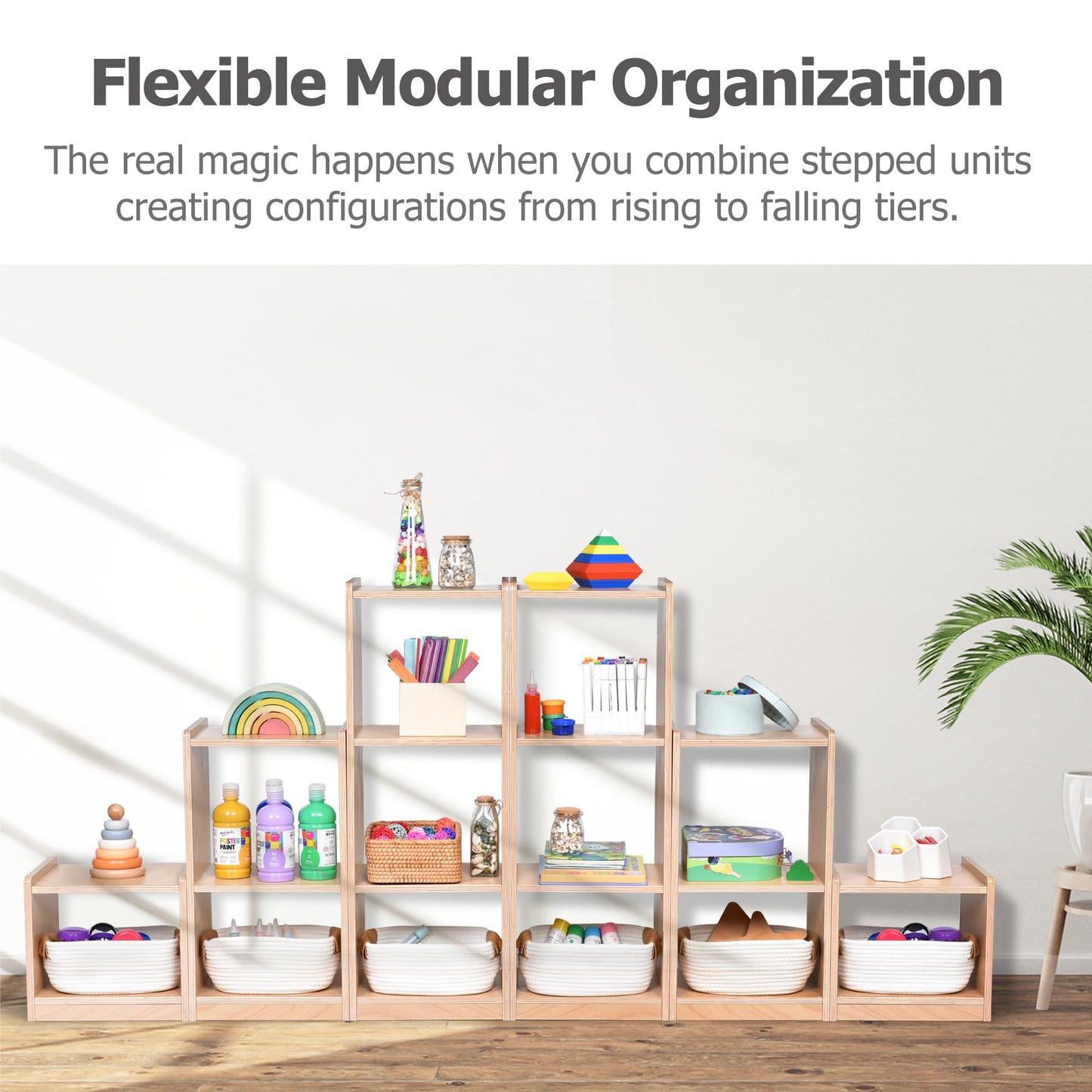 Bolocon Modular 3-Piece Cube Storage Cabinet, L-Shaped Reversible Ladder Corner Bookshelf with 6+ Cubes, 4-Tier Wooden Freestanding Organizer for Kids Room & Home Office, Natural