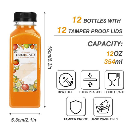 TOMNK 12pcs Juice Bottles, 12oz Reusable Plastic Juice Containers Bottles with Caps and Labels, Funnel, Brush Beverage Containers for Juicing, Smoothies, Tea, Milk