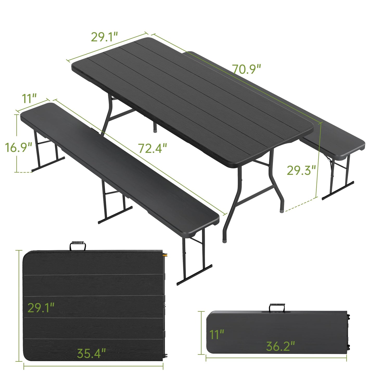 Real Relax 6' Picnic Table with 2 Benches, 3 Piece Black Wood Grain Portable HDPE Folding Camping Table and Benches for Courtyard, Garden, Outdoor Leisure, Party