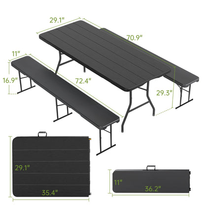 Real Relax 6' Picnic Table with 2 Benches, 3 Piece Black Wood Grain Portable HDPE Folding Camping Table and Benches for Courtyard, Garden, Outdoor Leisure, Party