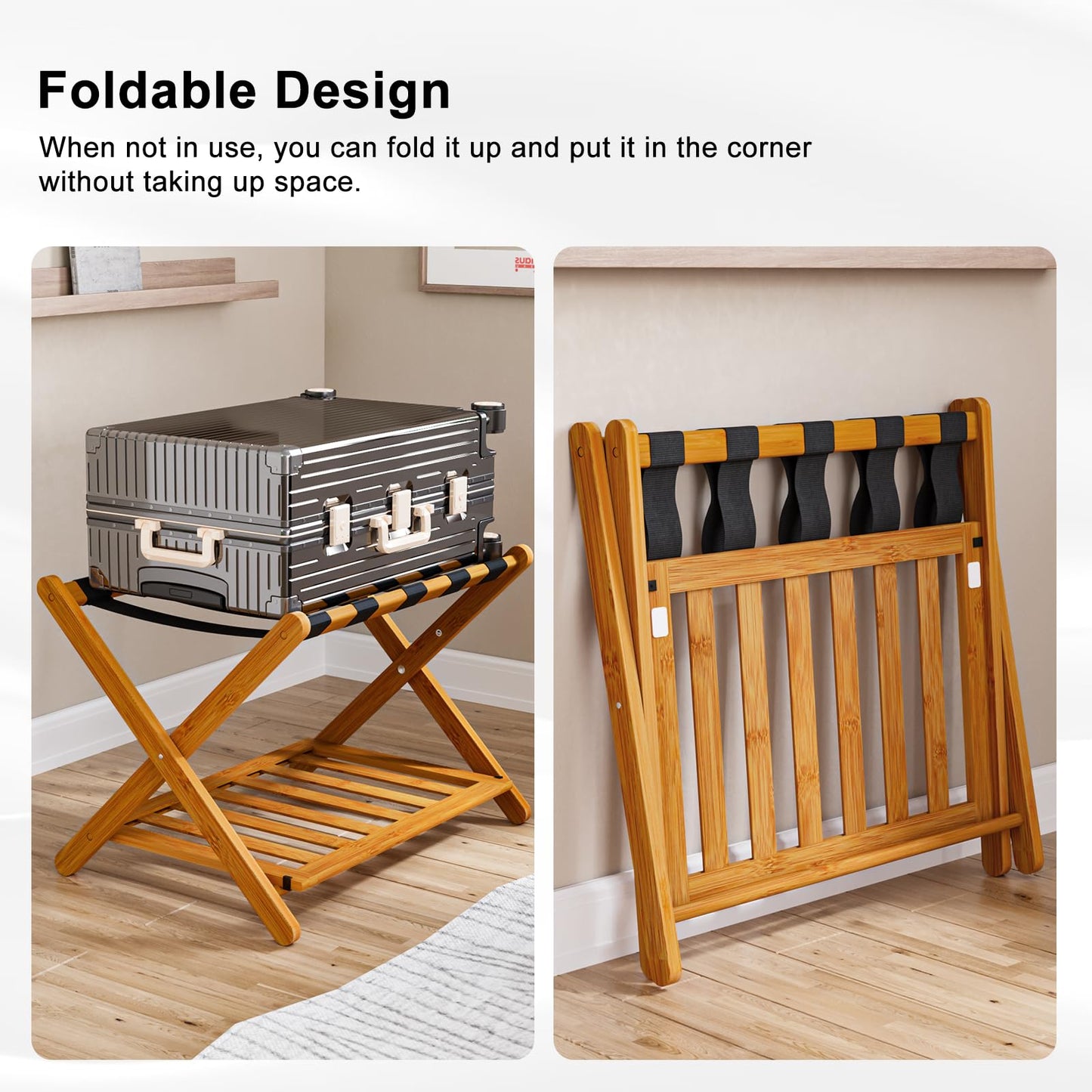 Smuxee Fully Assembled Honey Luggage Racks Pack of 2, Upgraded Bamboo Foldable Suitcase Stand with 5 Nylon Straps, Luggage Holder with Shelf for Guest Room Bedroom Hotel