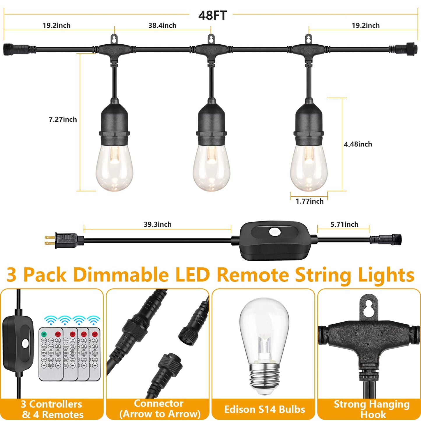 Mlambert 144Ft(3x48ft) 3-Color in 1 48Ft Remote LED Dimmable Outdoor String Lights, Plug-in 2700K/4000K/5000K Waterproof Light for Patio Backyard