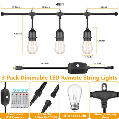 Mlambert 144Ft(3x48ft) 3-Color in 1 48Ft Remote LED Dimmable Outdoor String Lights, Plug-in 2700K/4000K/5000K Waterproof Light for Patio Backyard
