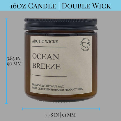 Ocean Breeze Candles | Arctic Wicks Coconut & Beeswax Candles | 16oz Amber Scented Candle for Spring Summer Home Decor Gifts Marine Ocean Mist Sea Salt Beach Non-Toxic Candle | USDA Certified Biobased