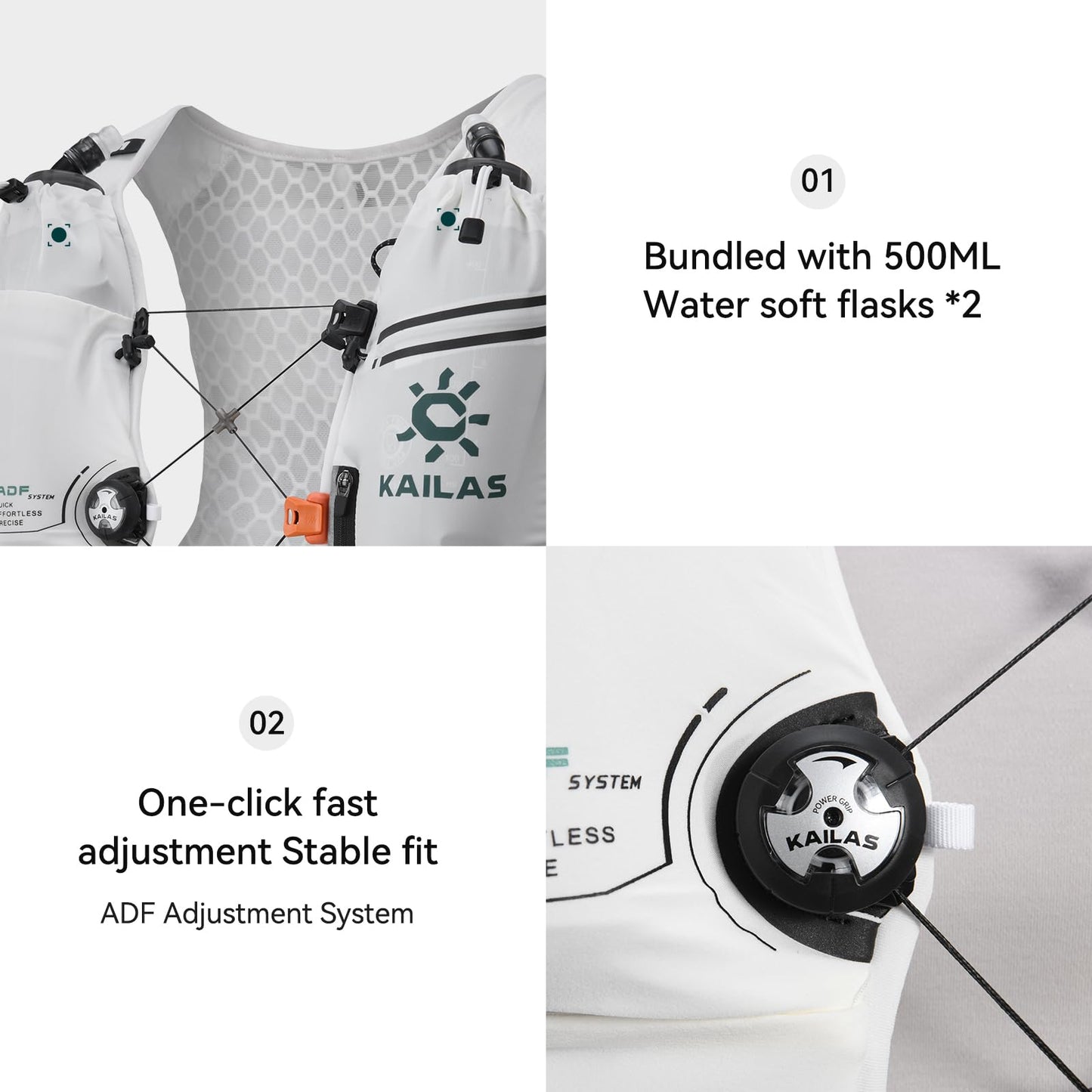 KAILAS FUGA AIR 8 Ⅳ Running Hydration Vest Hydration Pack Lightweight with Two TPU Water Bladders for Women Men Trail Cycling Hiking Pure White/Cyan Blue L