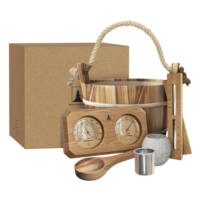 Northwood Sauna - Sauna Accessories Kit - Handmade from Canadian Red Cedar Wood - Core Set (Bucket & Ladle, Thermometer & Hygrometer, Sand Timer, Aromatherapy Cup)