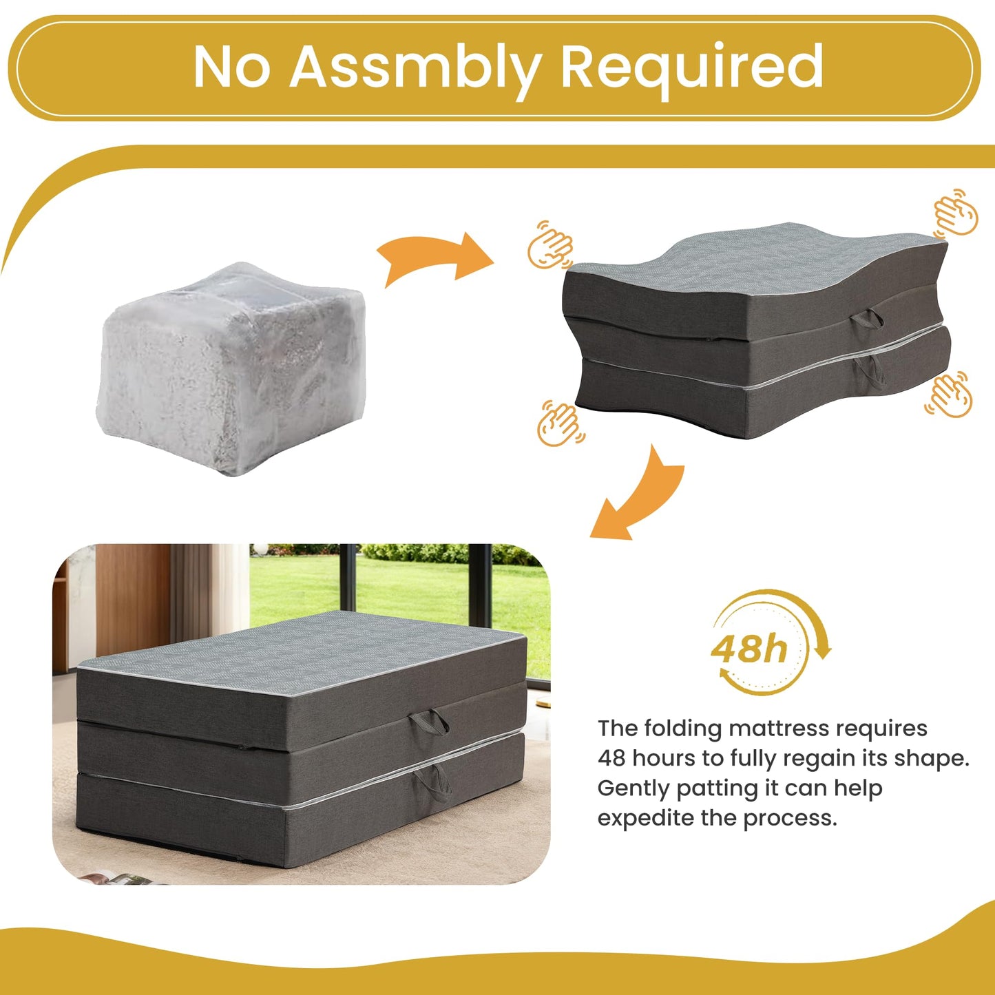 Tri Folding Mattress King Size - 6 Inch Dual-Layer Memory Foam Foldable Mattress Portable Floor Bed Sofa with Removable Washable Cover, Handle & Non-Slip Bottom for Guest, Camping, RV, Yoga, Home Use