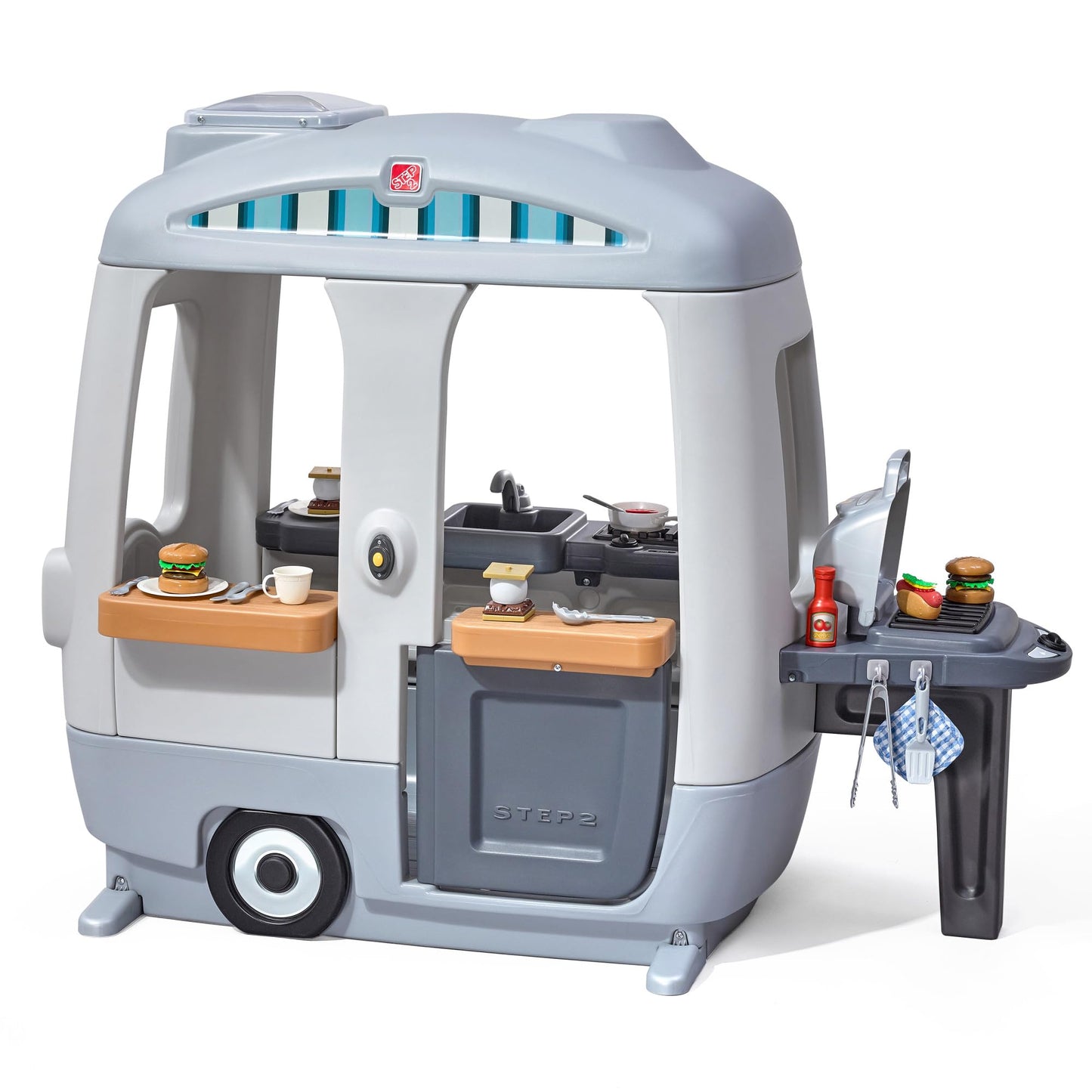 Step2 Adventure Camper Kids Playhouse, Indoor/Outdoor Playset with Kitchenette, Interactive Doorbell Sounds, 52-Piece Toy Accessories, Durable Plastic, For Toddlers 2+ Years