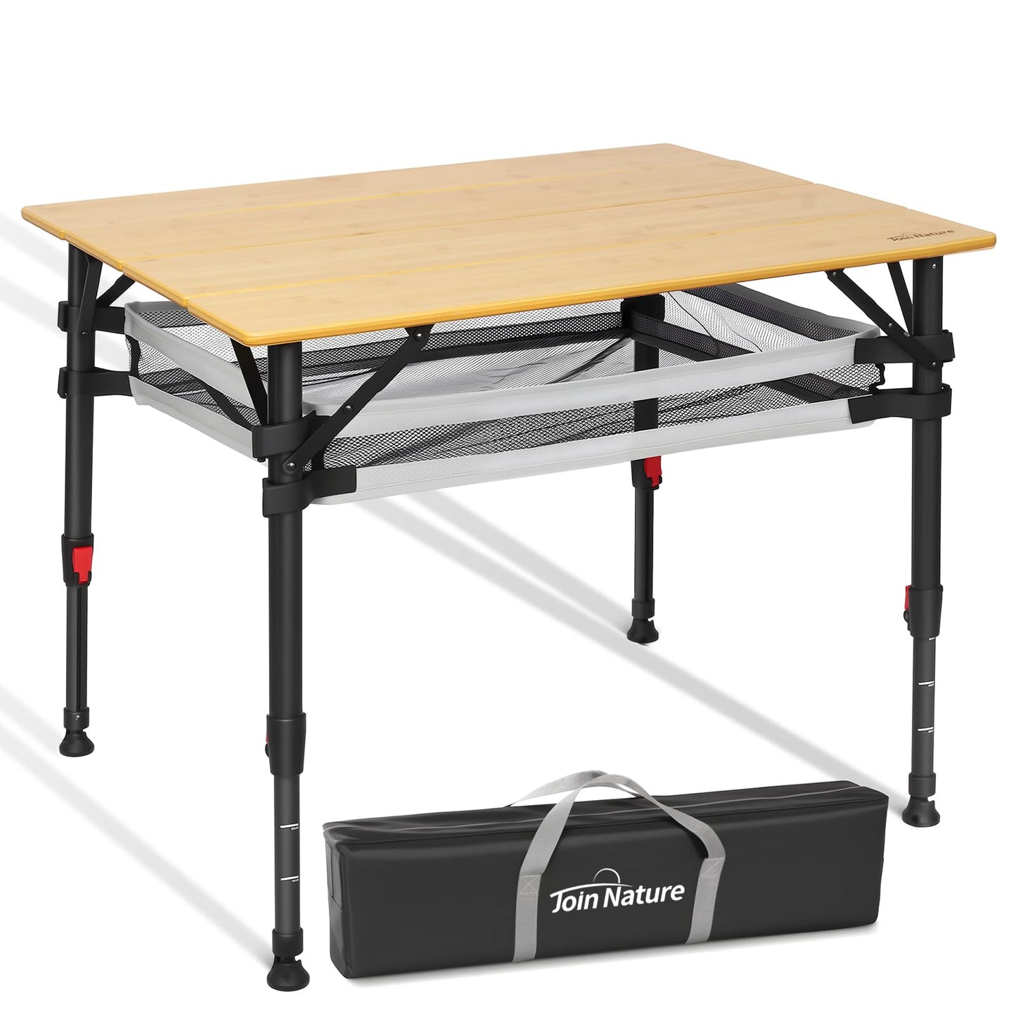 Join Nature 31.5'' Bamboo Folding Camping Table, Adjustable Height Folding Outdoor Table with Aluminum Frame & Mesh Storage, Portable Camp Table with Carry Bag for Camping, RV, Tailgating & Backyard