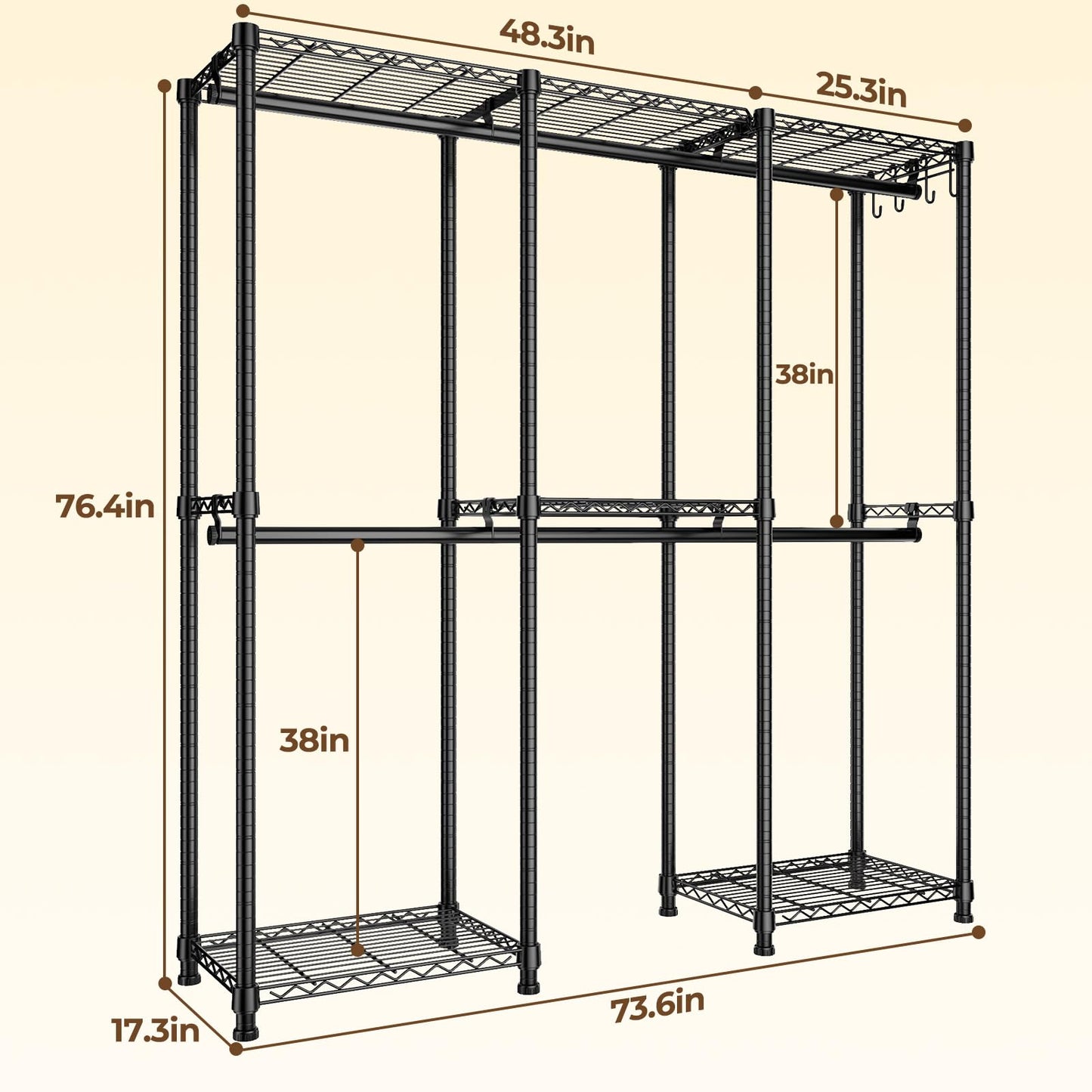 HYSEYY Portable Closet Heavy Duty Clothes Rack, Freestanding Clothing Racks for Hanging Clothes, Adjustable Garment Wardrobe Rack with 4 Hang Rods & Shelves ,73.6" L x 17.3" W x 76.4" H, Black