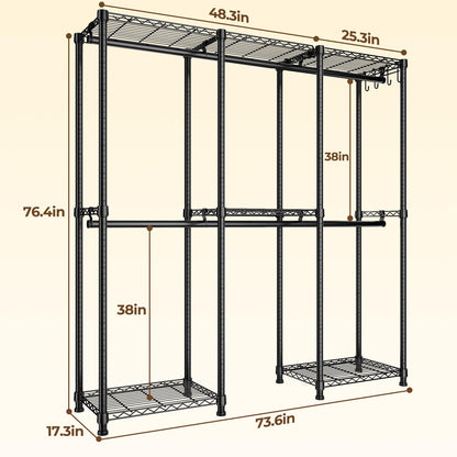 HYSEYY Portable Closet Heavy Duty Clothes Rack, Freestanding Clothing Racks for Hanging Clothes, Adjustable Garment Wardrobe Rack with 4 Hang Rods & Shelves ,73.6" L x 17.3" W x 76.4" H, Black