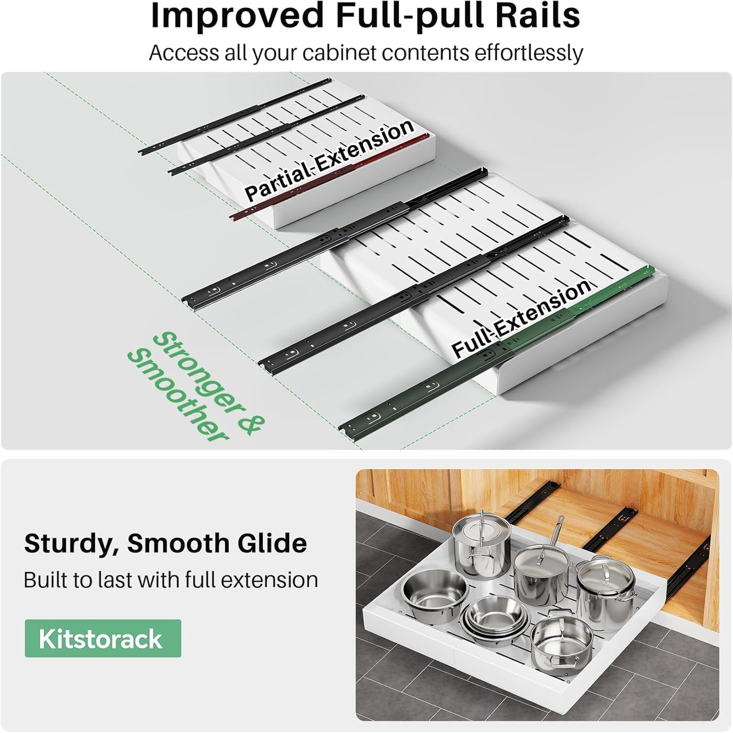 Skiennix Pull-Out Cabinet Organizer - Expandable Heavy-Duty Slide-Out Drawers (12"-20") for Kitchen Storage