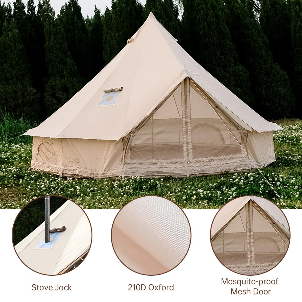 Bell Tent with Stove Jack, Spacious 13.1ft Family Glamping Yurt, 4-6 Person, 4 Season, Easy Setup, Waterproof, Ventilated Outdoor Shelter (13.1ft(Beige))