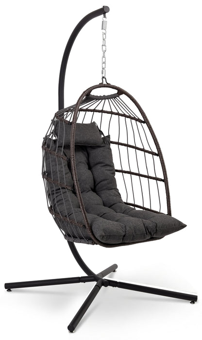 SereneLife Egg Chair with Stand – Hanging Rattan Wicker Swing for Indoor Outdoor Use – 350 lbs Capacity, Breathable Cushion & Headrest – Patio, Balcony, Porch, Bedroom Lounge Furniture