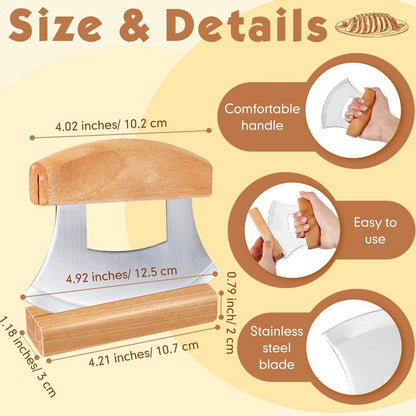 Sunnychicc 2 Pcs Mezzaluna Ulu Knife and Cutting Board Set Rocker Chopper Slicer Cutter with Stand Cutting Board Mezzaluna Chopper Alaskan Ulu Knife Kit for Onion Vegetable Mincing Tool(Wood)