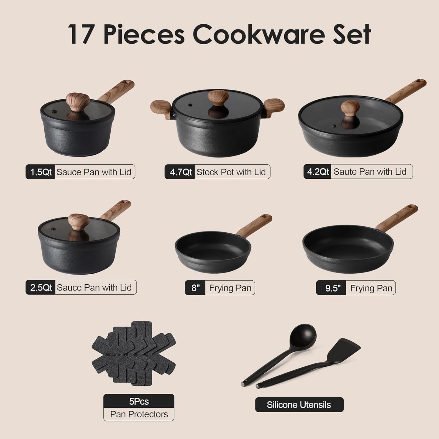 SENSARTE Nonstick Cookware Set - 17-Piece Induction Kitchen Set with Stay-Cool Handles | Matte Black, Dishwasher Safe
